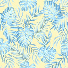 Watercolor leaves isolated, blue tropical elements, yellow background