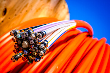 glass fibre cable on a drum - 670694644