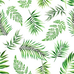 Watercolor leaves pattern, green foliages, white background, seamless