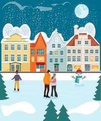 Christmas greeting card, colourful vector illustration, flat style. Winter holiday and christmas concept.