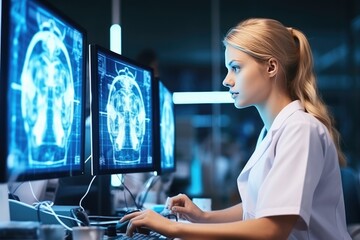 Portrait of handsome men doctor working in modern hospital. Generative Ai.