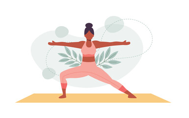 Fototapeta na wymiar Yoga posture. Girl practising yoga. healthy Lifestyle. Colorful flat vector illustration isolated on a white background. Floral ornaments background.