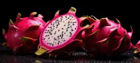 Dragon fruit on a black background with water drops. Tropical fruit. Exotic Fruit Concept With Copy Space