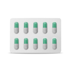 Vector Realistic Pharmaceutical Medical White and Green Pills, Vitamins, Capsule in Blister Closeup Isolated. Pills in Blister Packaging Design Template. Front View. Medicine, Health Concept