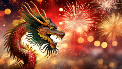 Chinesisches Neujahrsfest - Drache mit Feuerwerk im Hintergrund - Illustration