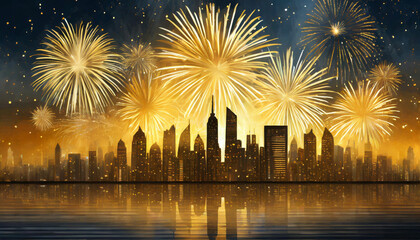 Illustration eines Feuerwerks vor einer H&auml;usersilhouette