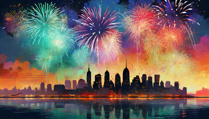 Illustration eines Feuerwerks vor einer H&auml;usersilhouette