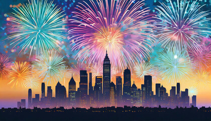 Illustration eines Feuerwerks vor einer H&auml;usersilhouette