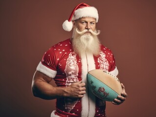 A muscular middle-aged man with a long gray beard, dressed in a Santa Claus costume, is holding a rugby ball.