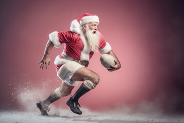 An older man with a gray beard, in a pink rugby jersey, holds a ball in his hand and runs through snow.