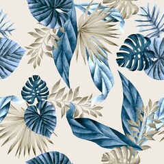 Watercolor leaves pattern, blue and gray foliage, white background, seamless