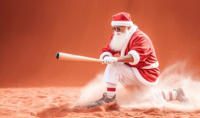 Santa Claus is playing baseball. - obrazy, fototapety, plakaty