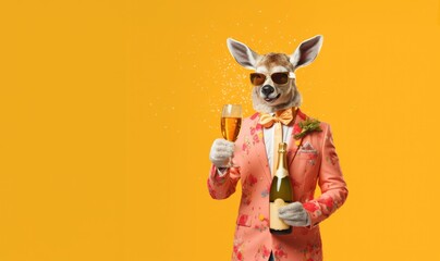 A kangaroo dressed as a human in a formal floral suit holds a glass of champagne and cheers. - obrazy, fototapety, plakaty