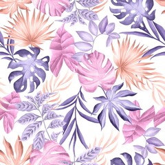 Watercolor leaves pattern, purple, pink and yellow foliage, white background, seamless