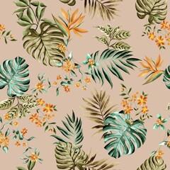 Fototapeta na wymiar Watercolor flowers and foliages pattern, yellow tropical elements, green leaves, golden background, seamless
