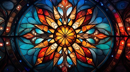 Radiant Kaleidoscope Mandala Stained Glass Window Design - Vibrant Symmetrical Pattern for...