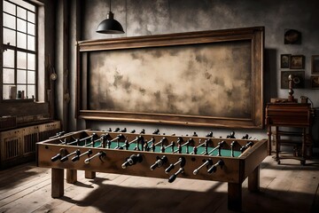 An intimate view of a Canvas Frame for a mockup in an old styled recreation room, where the patina of antique foosball tables and rotary telephones narrate tales of past leisure