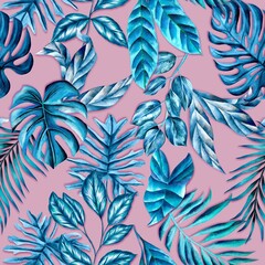 Watercolor leaves pattern, blue foliage, pink background, seamless