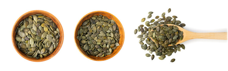 Pumpkin Seeds Isolated, Raw Pepita Grains, Scattered Green Healthy Nuts, Pumpkin Seed Group on White