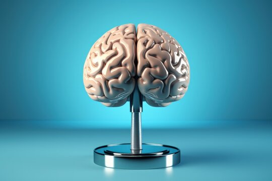 Illustration of human brain on support, blue background, mental health concept. Generative AI