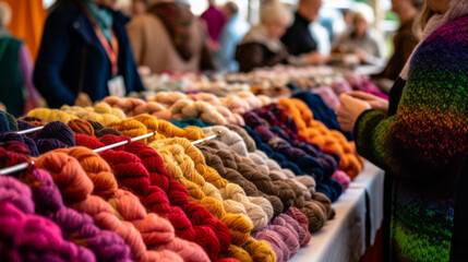 Cozy sweaters and handmade knitwear on display for sale at a local farmers market and craft show