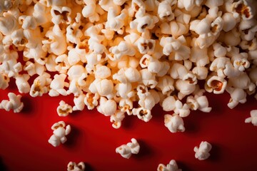 Popcorn scattered on red background, leisure, cinema and entertainment concept. Generative AI