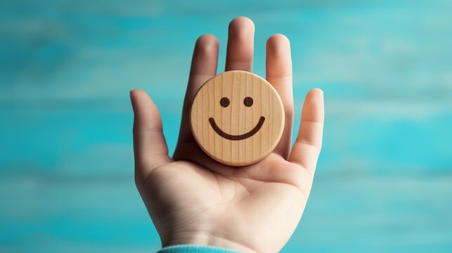 Hand holding round piece of wood with smiling face, blue background, happiness and joy. Generative AI