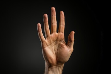 Open hand making stop gesture, black background. Generative AI