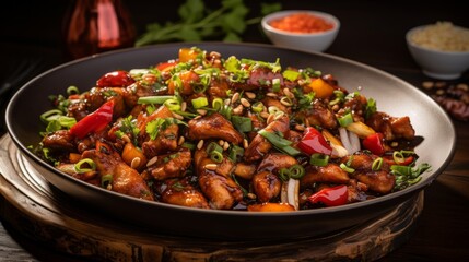 kung pao chicken is a highly addictive stir-fried chicken with the perfect combination of salty, sweet and spicy flavour! - obrazy, fototapety, plakaty