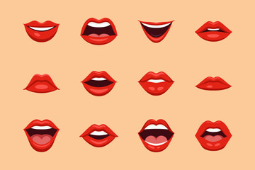 Fototapeta na wymiar Flat Vector Red Female Lips Icon Set Closeup. Woman Lips, Different Expressions, Emotions. Smile, Kiss, Beauty Concept. Modern Pop Art Cartoon Comic Style, Simple Design