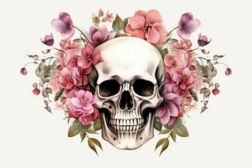 Human skull surrounded with flowers on white background. Generative AI