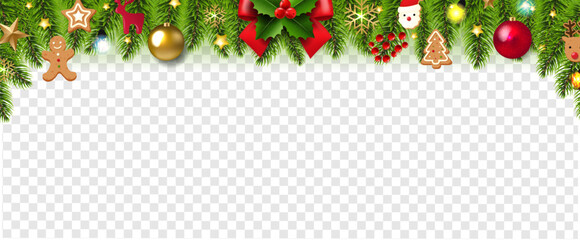 Christmas Garland And Christmas Red And Golden Ball Transparent background - obrazy, fototapety, plakaty
