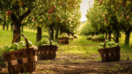 Wicker baskets brimming with freshly picked apples, ready for harvest at a vibrant orchard