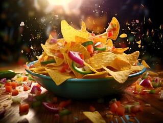 Colorful photo of tasty nachos in a bowl near sauce. High-resolution - Powered by Adobe
