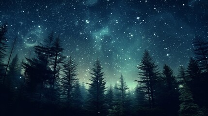 Starry Night Sky Over Serene Pine Forest. A Breathtaking Nightscape with Gleaming Stars and Milky...