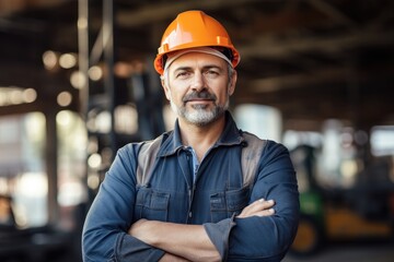 Two serious, confident men, an engineer and a construction worker, outdoors at a construction site with arms crossed.
