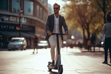 Modern businessman riding electric scooter while commuting to work in city. - obrazy, fototapety, plakaty