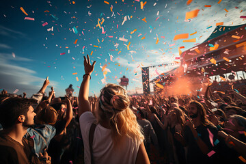Party people enjoy concert at a outdoor summer festival - obrazy, fototapety, plakaty