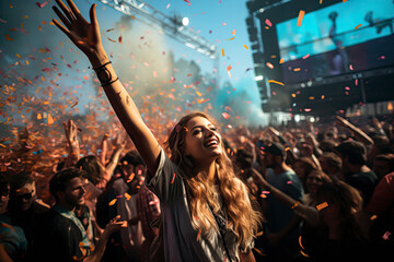 Party people enjoy concert at a outdoor summer festival