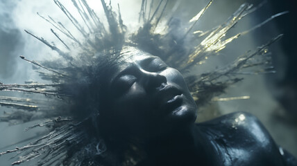 Explosive portrait of a woman with eyes closed and energy exploding from her mind