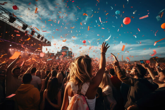 Party people enjoy concert at a outdoor summer festival