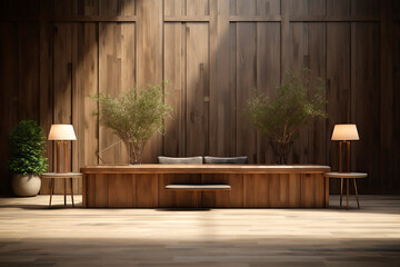 Spacious reception and office interior with wood paneling of a modern and trendy office
