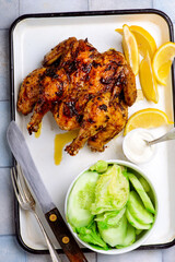 Spicy grilled chicken with salad and sauce.style rustic