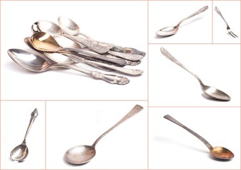 Old teaspoons collage isolated on white background