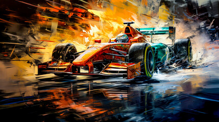 Car Racing Graphic in Oil and Acrylic on Canvas Illustration Wallpaper Cover Background Poster Digital Art  - obrazy, fototapety, plakaty