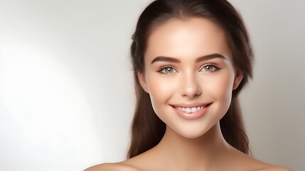 Portrait of young happy woman looks in camera. Skin care beauty, skincare cosmetics, dental concept isolated over white background 