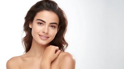 Obraz premium Portrait of young happy woman looks in camera. Skin care beauty, skincare cosmetics, dental concept isolated over white background 