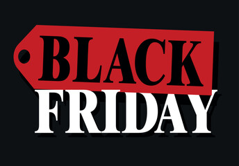 Promotional image of offer, Black Friday discount in black, white and red colors, label design.