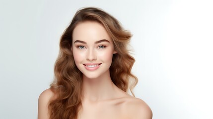 Fototapeta premium Portrait of young happy woman looks in camera. Skin care beauty, skincare cosmetics, dental concept isolated over white background 