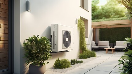 Air source heat pump installed in residential building. Sustainable and clean energy at home - obrazy, fototapety, plakaty